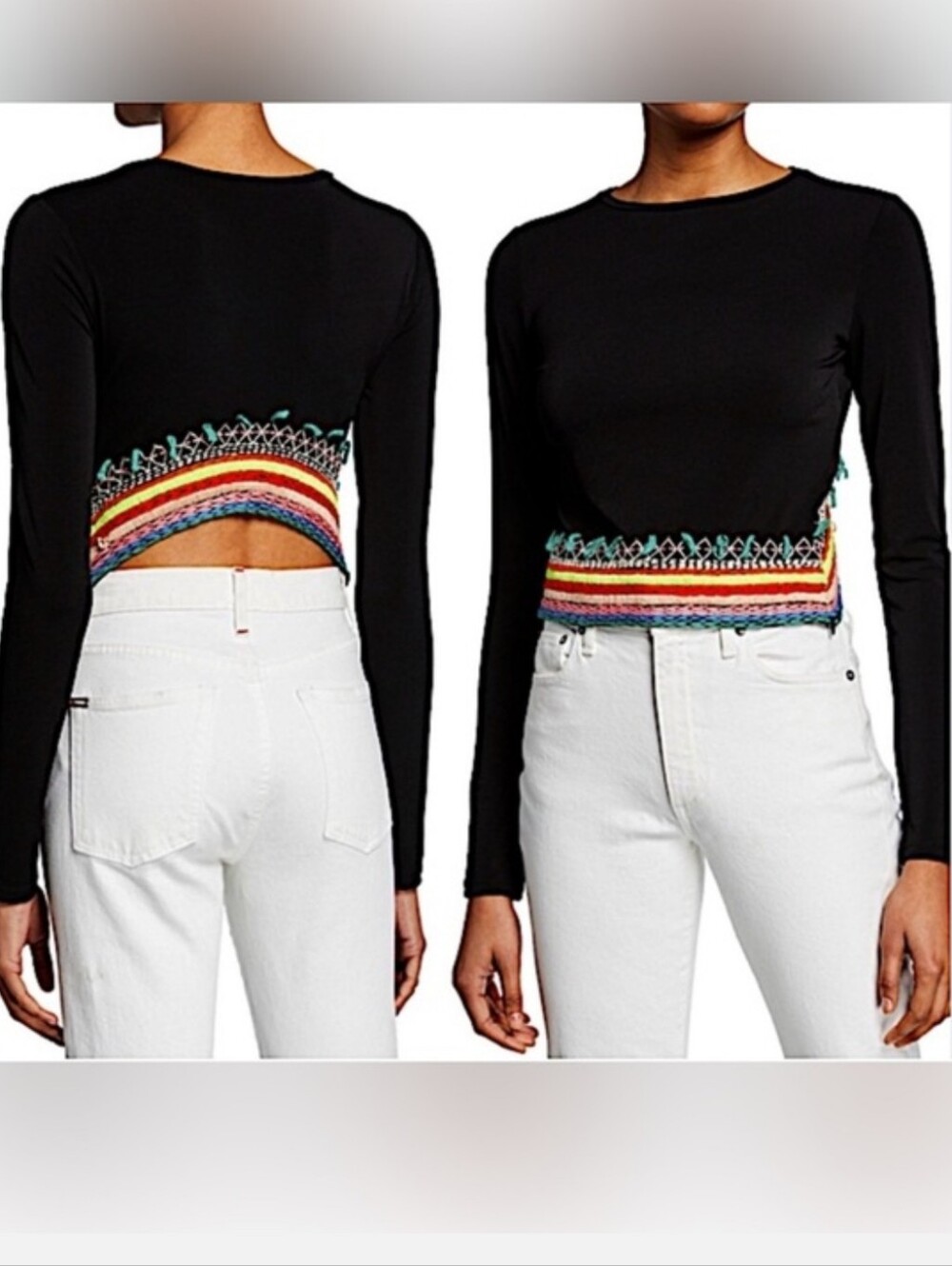 Alice + Olivia Black Long-Sleeve Top with Multicolor Embroidered Hem Top. Size S